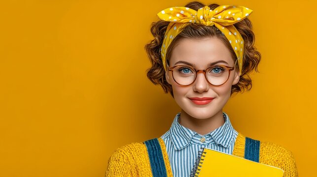 A young woman in retro attire with curly hair, round glasses, and a yellow headband, holding a notebook on a yellow background.Education and student blogs, vintage fashion e-commerce stores