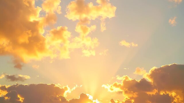 Golden Sunset Clouds with Beautiful Sun Rays Illuminating the Sky, Peaceful and Dramatic Nature Background