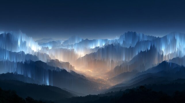 Digital abstract landscape showing glowing blue vertical light streaks rising over dark mountain ridges at night.Technology and sci-fi blogs, electronic music platforms, modern wallpaper or background