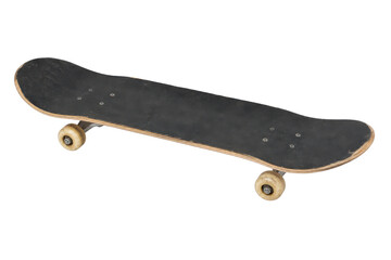 Well-used black skateboard with visible wear and tear, featuring light wooden edges and dirty white wheels, isolated on a clean white background © no one