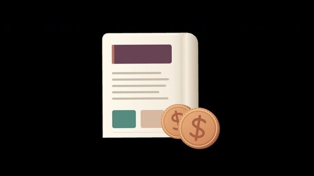 Two copper dollar coins roll beside an ivory invoice in a clean transparent eight second vector animation.