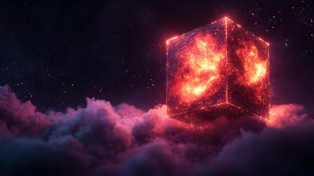 A glowing red cosmic cube filled with fiery energy rests floating amidst dark pink clouds and star-filled outer space.Sci-fi story blogs, gaming news websites, cryptocurrency and blockchain technology