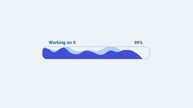 Minimal flat vector animation of a blue progress bar with layered flowing wave shapes and a working status label on a light background, ideal for software loading interfaces, task processing, workflow