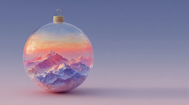 A transparent glass Christmas ornament containing a snowy mountain landscape reflecting soft pastel sunset colors against a muted gradient background.