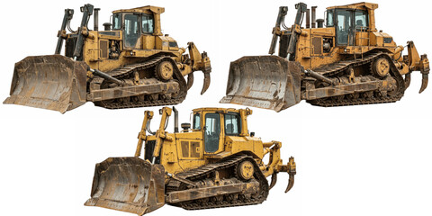 Heavy machinery showcase featuring muddy yellow bulldozers with © Angela