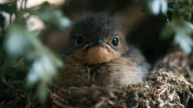 A young bird chick nestled in a natural twig and moss nest  peeking out with large dark eyes and soft downy feathers