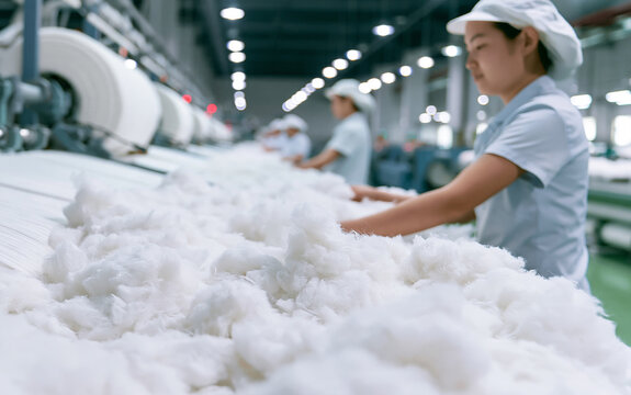 Workers process recycled polyester fibers in textile factory. Female employees handle soft white synthetic material near industrial machinery. Manufacturing plant uses eco tech for sustainable fabric