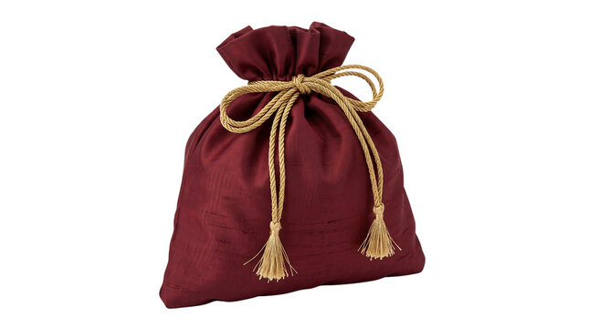 Burgundy fabric drawstring gift bag with gold tassels, elegant velvet pouch for jewelry and luxury favors, maroon textile cinch sack isolated PNG with Transparent Background