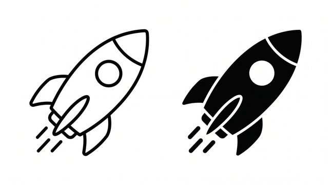 A minimalist rocket ship vector illustration featuring two versions of the same rocket side by side: a black outline version on the left and a solid black silhouette version on the right. Both rockets