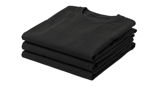 Black folded t-shirt stack, premium cotton apparel mockup, three neatly folded black shirts for clothing brand presentation, minimalist dark jersey isolated PNG with Transparent Background