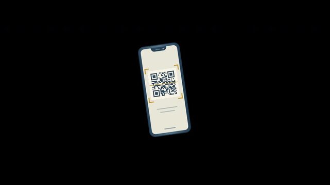 A slate phone displays a framed QR pattern with a moving scan line in an eight second transparent loop.