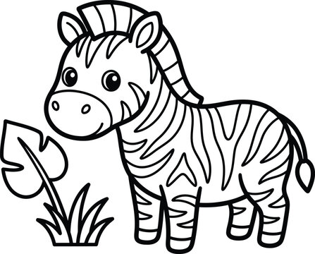 Cute happy baby zebra standing near grass tuft and tropical leaf outline vector illustration