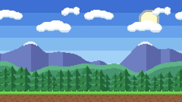Pixel art side scrolling parallax day landscape with mountains loop