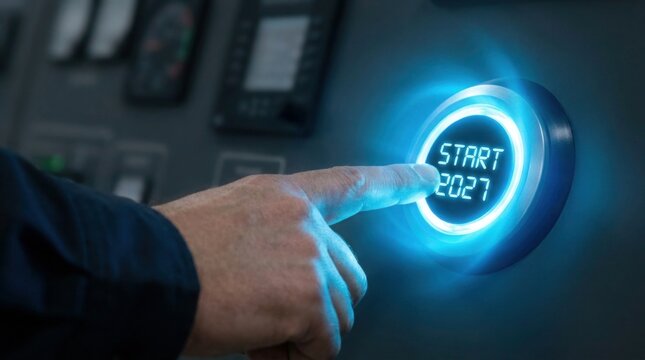 Person pressing futuristic start button for the year 2027