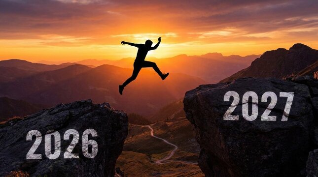 Person jumping between mountains at sunset