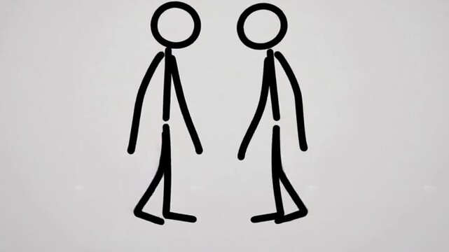 Minimalist stick figure animation of two characters meeting and waving hello