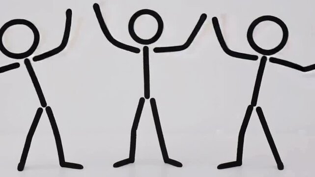 Minimalist stick figure animation of characters celebrating together on a white background