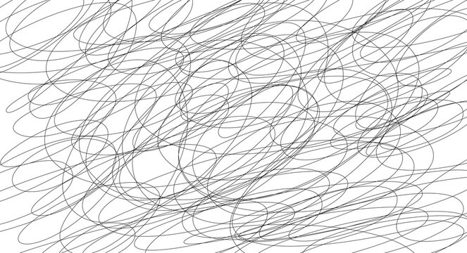 Black hand drawn curved lines overlap and chaotic scribble pattern on transparent background, abstract monochrome texture.