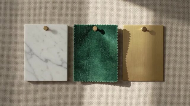 Interior design samples with marble velvet and metal pinned on a