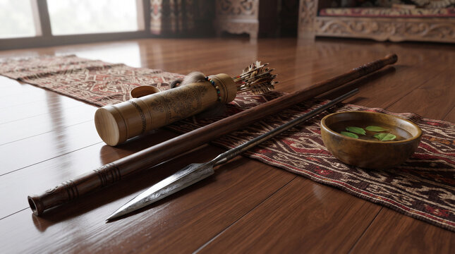 A traditional indonesian hunting spear and arrow quiver displayed on a wooden floor