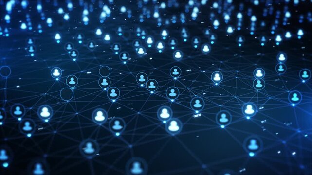 Glowing blue user icons linked web lines nodes. digital social network visualization, online communities, business communication, audience analytics, collaboration, connected workforce presentations.