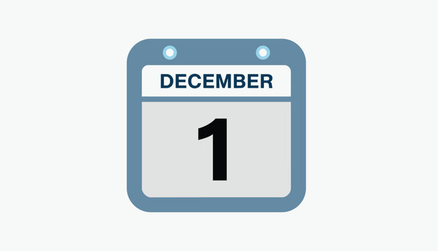 Simple flat design calendar icon indicating the date of December first with a blue-grey frame on a light grey background.