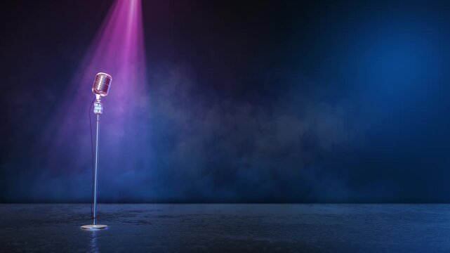 Retro microphone slender stand are lit blue stage lighting atmospheric haze. Wide empty space right performance titles, singer showcases, talent contests, comedy promos, and entertainment broadcasts.