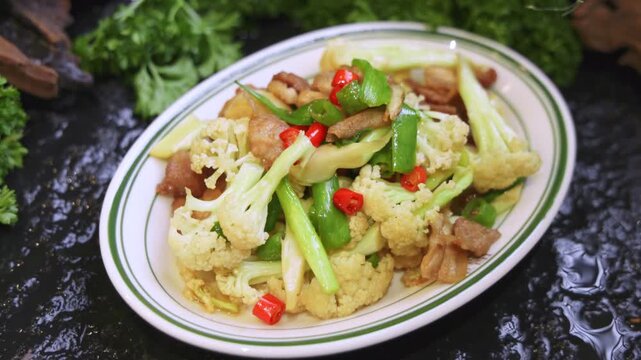 Stir-fried pork slices with garlic sprouts and cauliflower (homestyle)