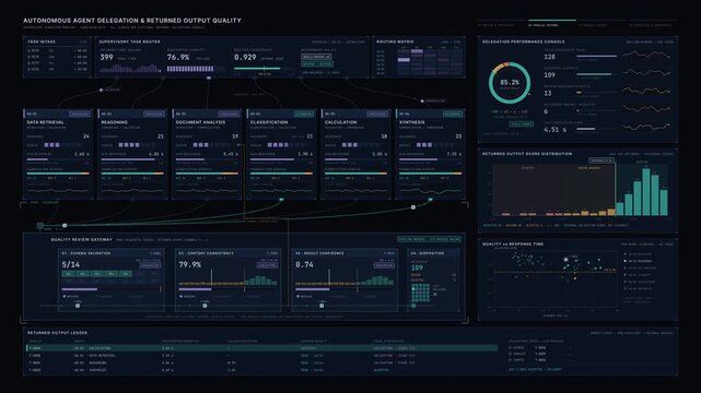 Premium autonomous agent dashboard visualizing task delegation, output validation, and quality metrics in a dark enterprise interface with teal and purple accents for AI operations monitoring.