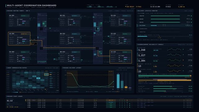 4K dark navy multi-agent coordination dashboard tracking message delivery, handoff acknowledgments, and latency metrics in a seamless operational loop.