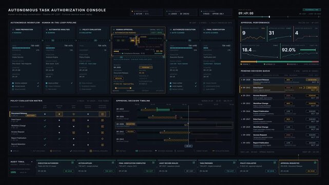 Premium enterprise autonomous task dashboard showing approval gates and pending human decisions in a dark executive workflow governance system with cyan and amber status indicators.
