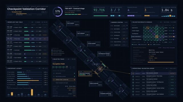 Enterprise workflow dashboard tracking agent checkpoints and task validation results with dark mode interface and status indicators for commercial creative technology and business use.