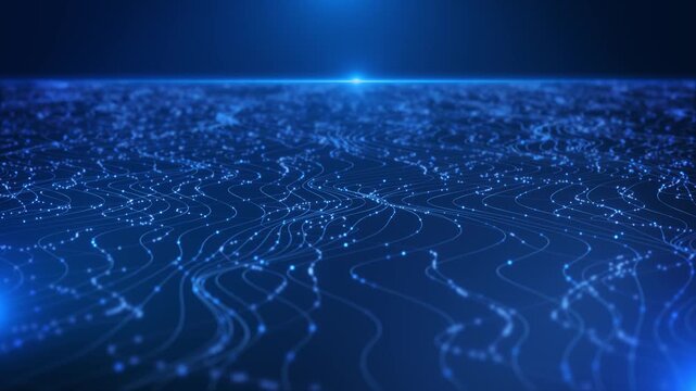 Fine blue light trails tiny particles form flowing waves digital landscape. glowing adds depth abstract background data communication, technology explainers, network concepts, corporate presentations.