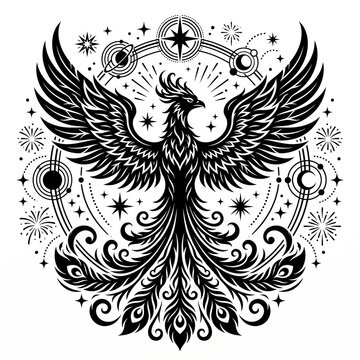 Majestic Phoenix Rising with Spread Wings, Celestial Planets, Stars and Ornate Feathers, Intricate Black and White Mythological Bird Silhouette Vector Illustration