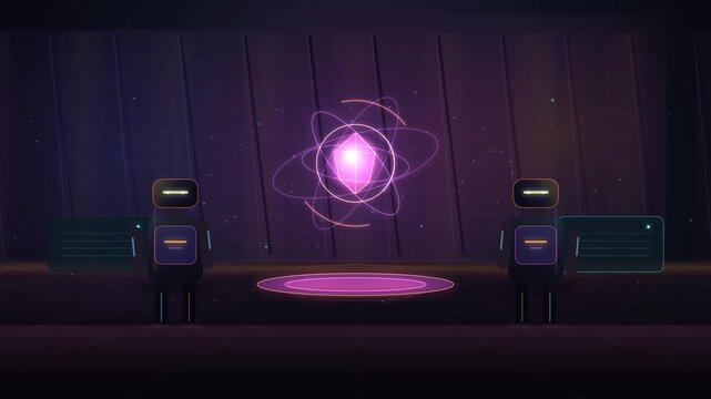 Futuristic Robots Observing Glowing Energy Core in Sci-Fi Research Facility Animation