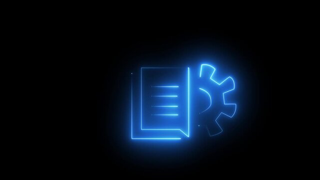 Glowing blue electric neon page and cogwheel symbol on dark background for modern user interface content management system and technical support animation video