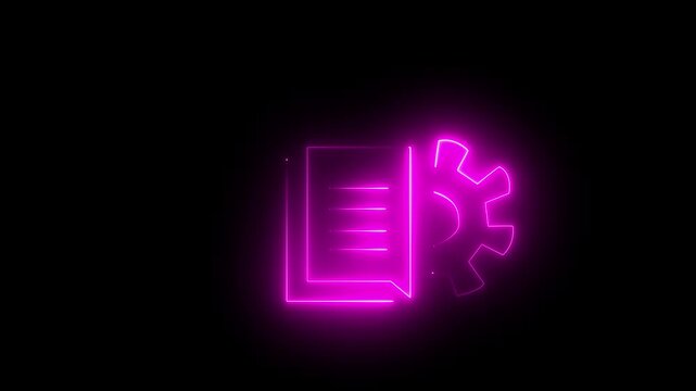 Glowing pink electric neon page and cogwheel symbol on dark background for modern user interface content management system and technical support animation video
