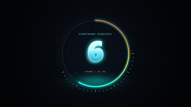 Count down 10 to 0 futuristic neon blue circular digital timer. 4K