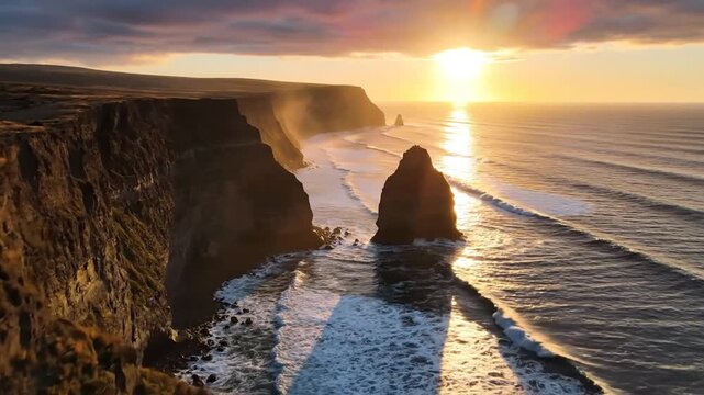 Ocean cliffs at sunset: Dramatic ocean cliffs meet the turbulent sea under a golden sunset, with waves crashing against rock formations, creating a breathtaking natural panorama.