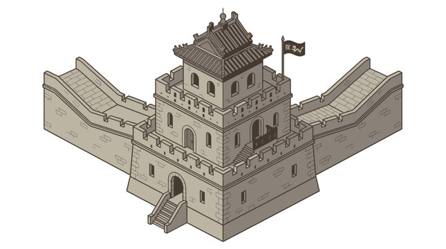 Isometric vector illustration of an ancient Chinese fortress and watchtower inspired by the Great Wall of China with traditional architectural details and defensive walls on a white background.