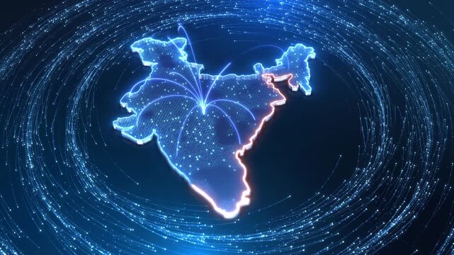 Luminous India silhouette features dotted blue surface, edges, connection arcs amid circular particle trails. national network telecom services, information exchange, economic reports, presentations.