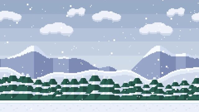 Pixel art side scrolling snowy mountains and forest with falling snow