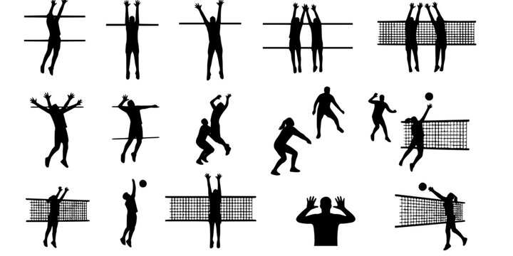 Volleyball Blocking Action Black Silhouette Set with Jumping Players Net Defense and Blocking Techniques