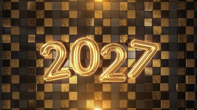 Gold balloon mark year 2027 geometric wall of patterned dark metallic tiles. polished festive welcoming New Year, premium brand messages, greeting cards, party announcements, and holiday campaigns.