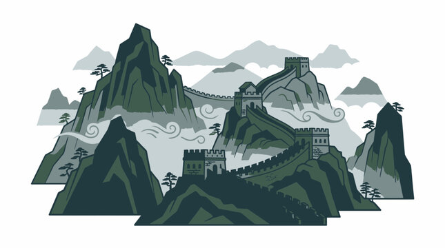 Refined Vector Illustration of the Great Wall of China Winding Through Majestic Green Mountains and Misty Clouds with Ancient Watchtowers, Traditional Asian Landmark in a Flat Design Style