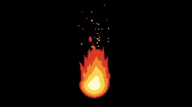 Pixel art fire flame burning seamless loop on transparent background