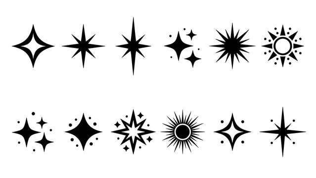 Set of black celestial star icons and bright sparkle design symbols with graphics elements lighting