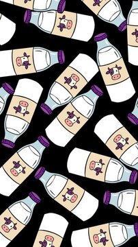Add charm to your designs with this cute milk bottle pattern featuring adorable cow illustrations, pastel colors, and a black background