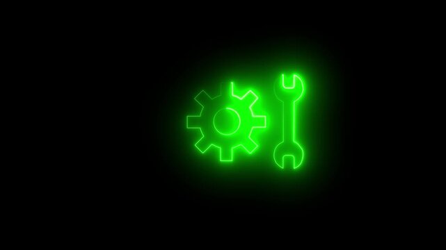 Glowing green electric neon cogwheel and spanner symbol on dark background for modern user interface tool support and technical service animation video