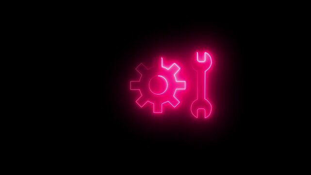 Glowing pink electric neon cogwheel and spanner symbol on dark background for modern user interface tool support and technical service animation video